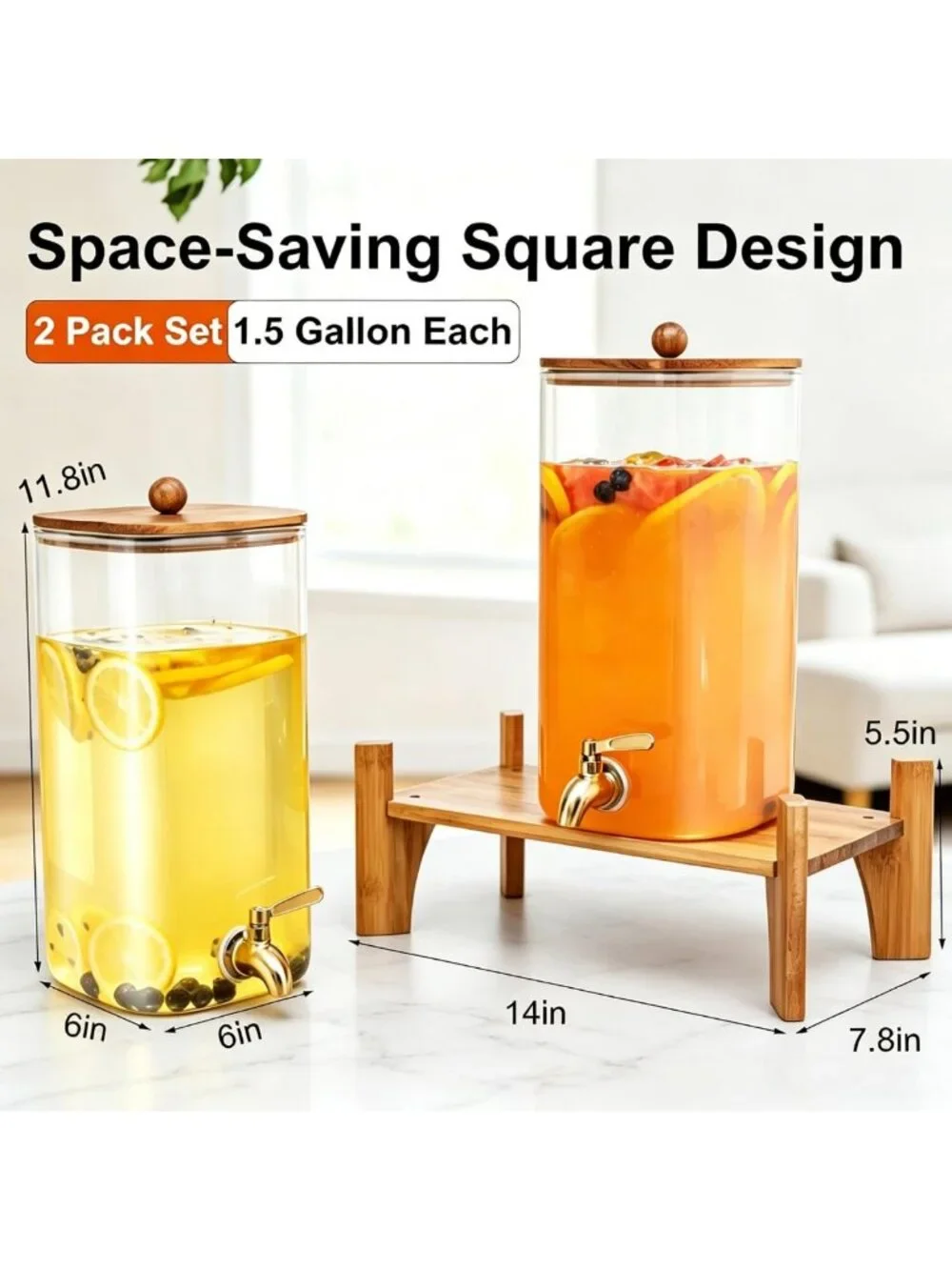 2 Pack 1.5 Gallon Square Beverage Dispensers with Stand & Lid - Perfect for